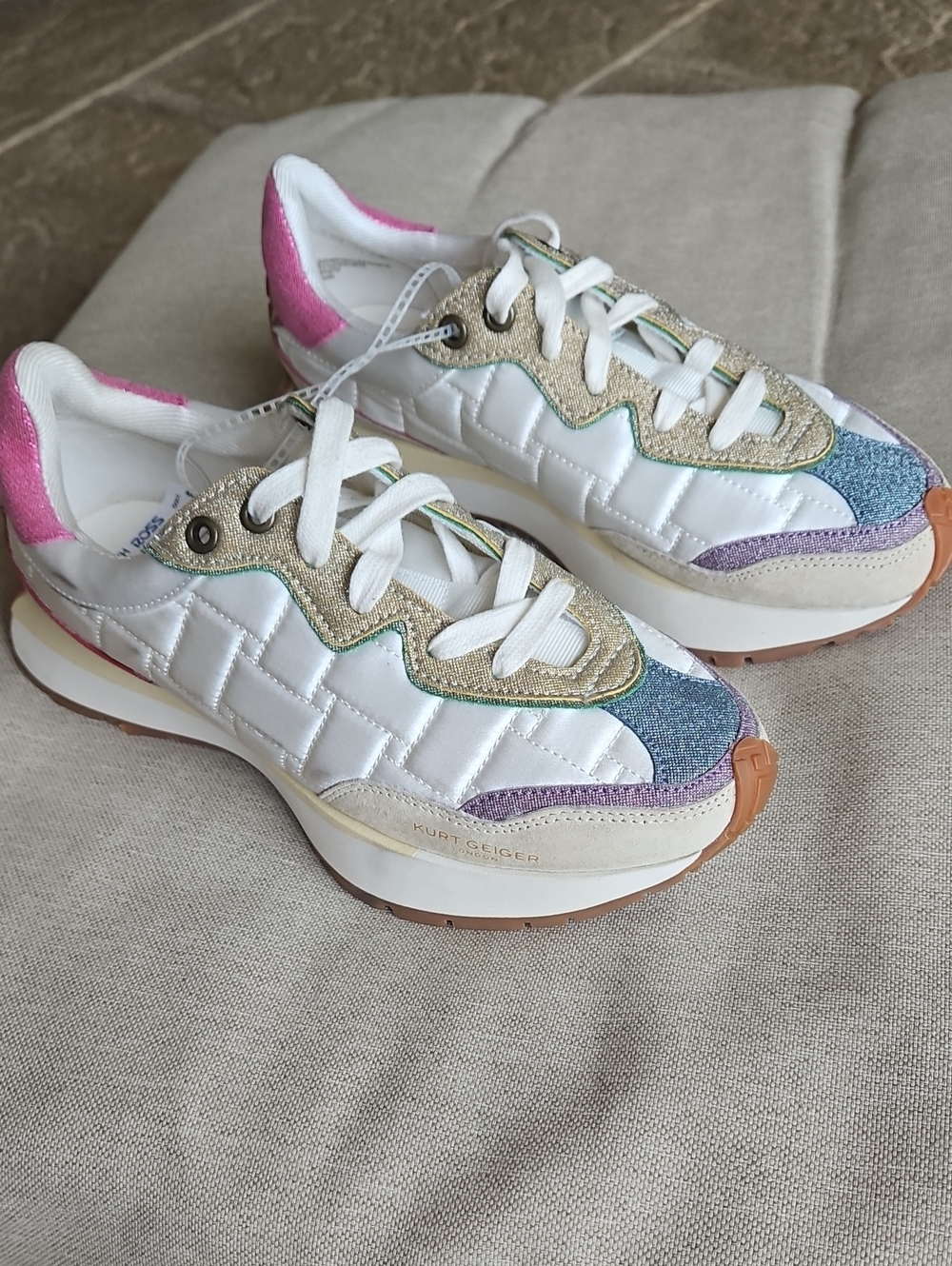 Kurt Geiger London Nylon Quilted Sneaker Whitr Metallic Sz 7, EU 37